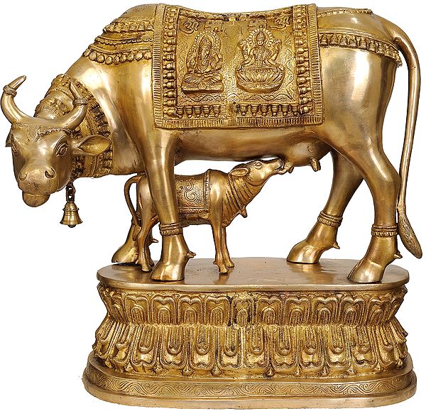 22" Cow and Calf (Saddle Decorated with Lakshmi and Ganesha) In Brass | Handmade | Made In India