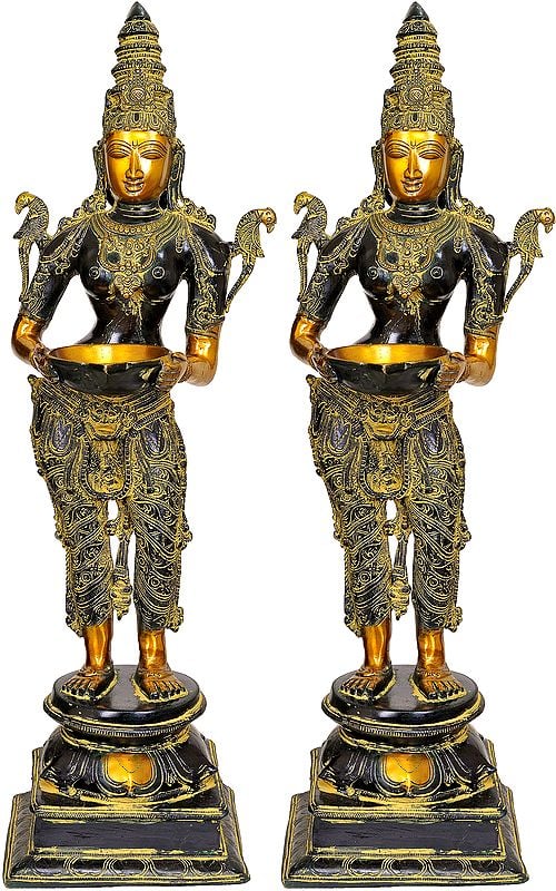 31" Large Size Deeplakshmi Pair In Brass | Handmade | Made In India