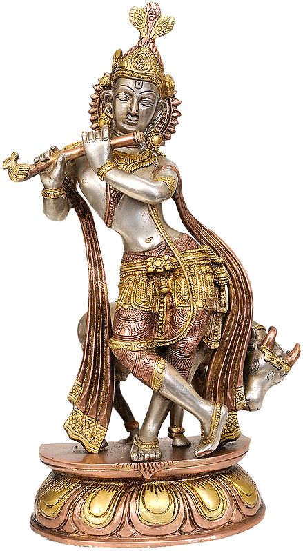 14" Lord Krishna With His Cow In Brass | Handmade | Made In India