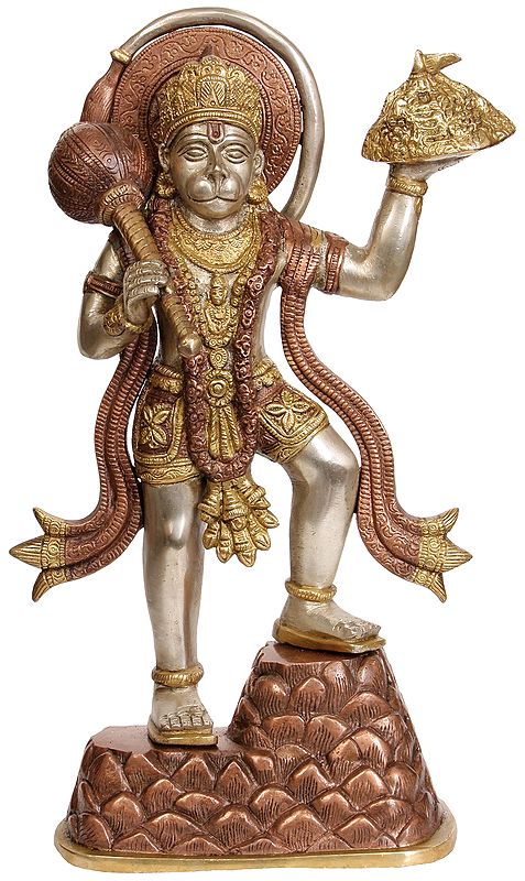 13" Hanuman Ji Carrying Mount of Sanjeevani Herbs In Brass | Handmade | Made In India