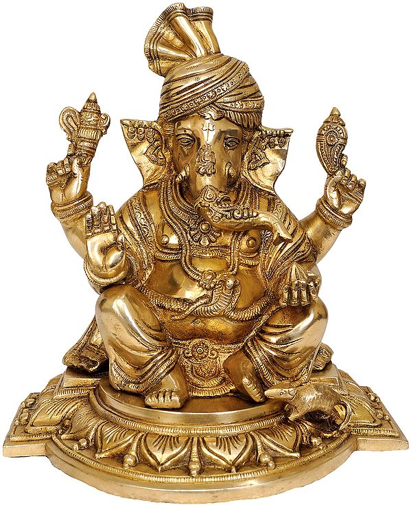 12" Turbaned Ganesha Brass Sculpture | Handmade | Made in India