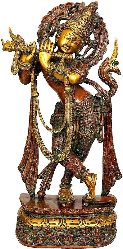 22" Lord Krishna Playing on Flute In Brass | Handmade | Made In India