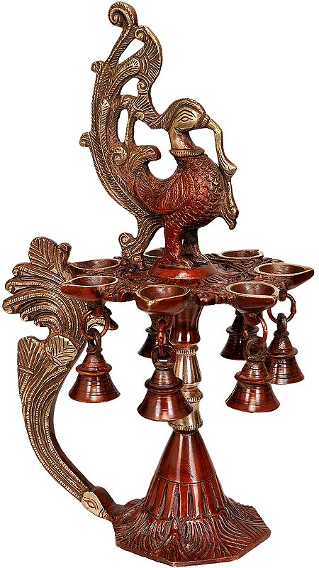 12" Seven-Wick Mayur Puja Lamp with Bells in Brass | Handmade | Made in India