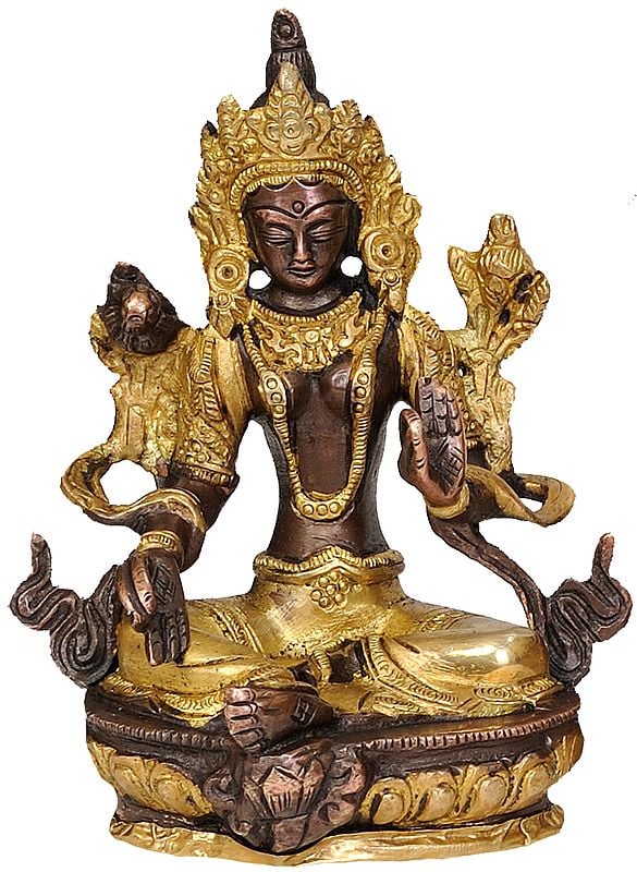 5" Tibetan Buddhist Goddess Green Tara In Brass | Handmade | Made In India