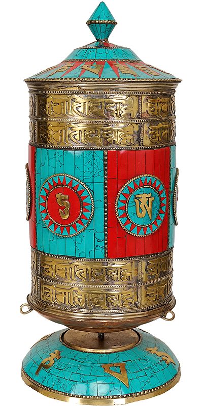 Tibetan Buddhist Prayer Wheel with Inlay