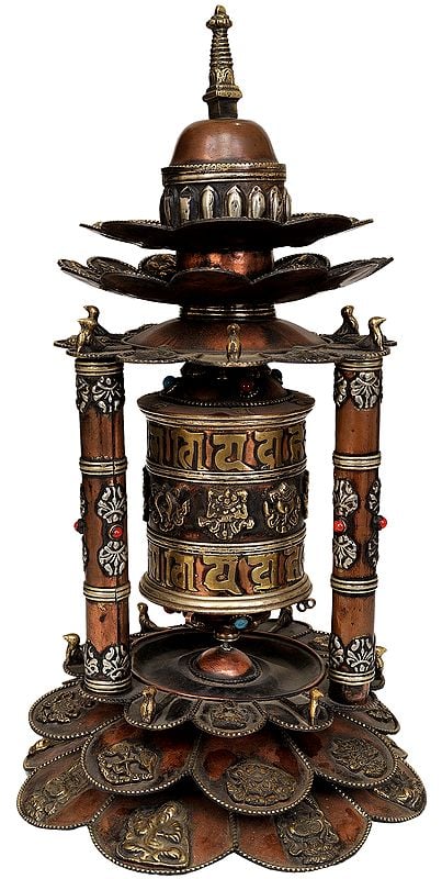 Prayer Wheel with Stupa and Incense Burner at Top