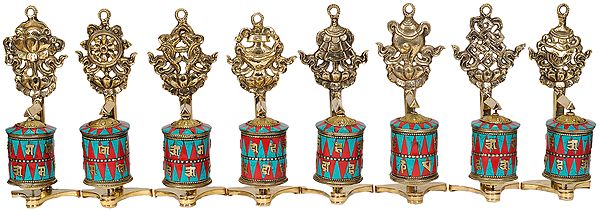 Set of Eight Ashtamangala Prayer Wheels
