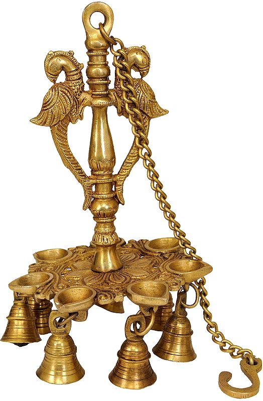 10" Mayura Hanging Lamp with Bells In Brass | Handmade | Made In India