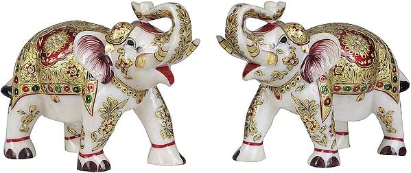 Decorated Elephants Pair with Upraised Trunks (Supremely Auspicious According to Vastu)
