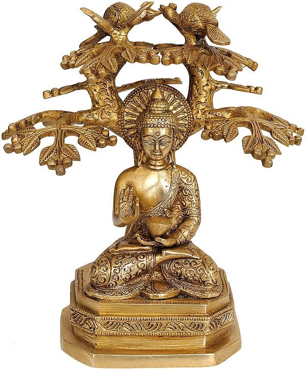 9" Buddha Under The Bodhi Tree - Tibetan Buddhist In Brass | Handmade | Made In India