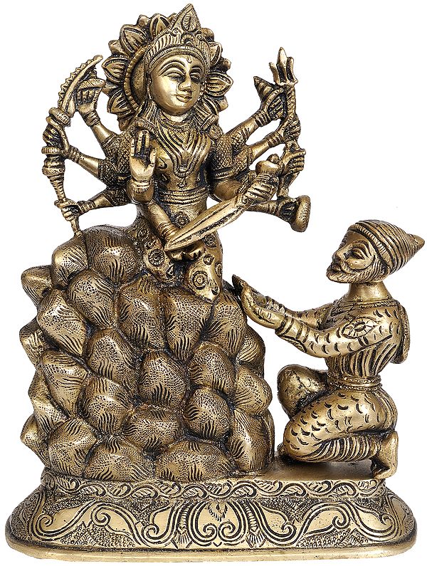 7" King Shivaji Receiving Bhavani Sword from Goddess Tulja In Brass | Handmade | Made In India