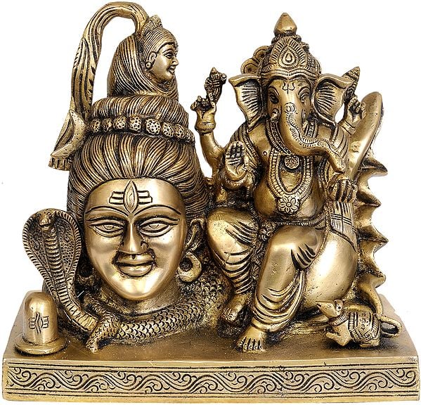8" Bhagawan Shiva and Ganesha on Conch with Linga In Brass | Handmade | Made In India