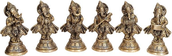 5" Set of Six Musical Ganeshas In Brass | Handmade | Made In India