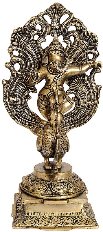 14" Dancing Ganesha on Peacock In Brass | Handmade | Made In India