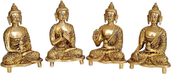 5" Tibetan Buddhist Deities Set of Four Buddhas idols In Brass | Handmade | Made in India