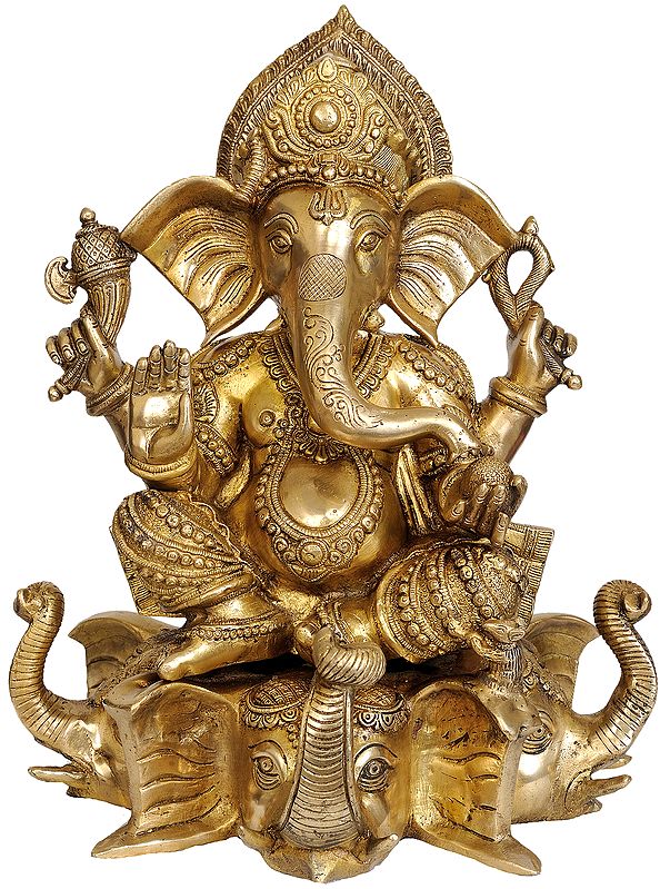 16"  Lord Ganesha Figurine Seated on Three Elephant Head in Brass | Handmade
