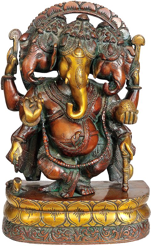 12" Tri-Mukha Ganesha In Brass | Handmade | Made In India