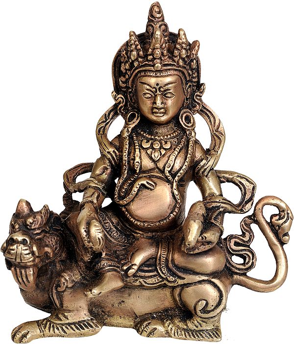 6" Kubera Statue on Lion in Brass | Handmade | Made in India