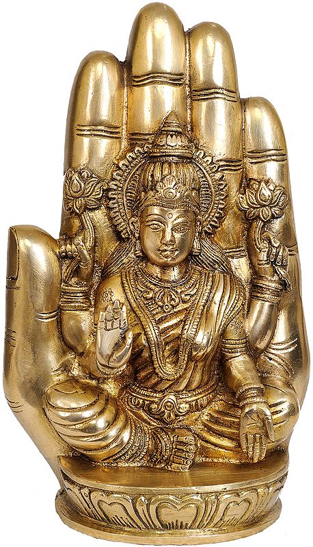 9" Goddess Lakshmi Seated on Lotus against the Aureole of a Hand In Brass | Handmade | Made In India