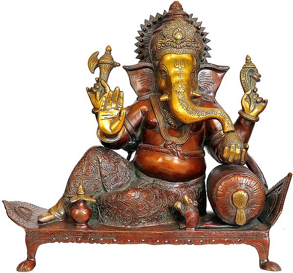 16" Lord Ganesha Seated on Chowki In Brass | Handmade | Made In India