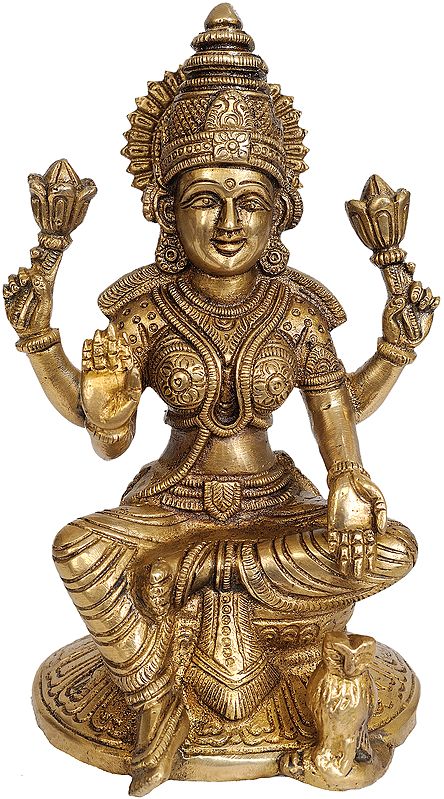 6" Goddess Lakshmi with Owl In Brass | Handmade | Made In India