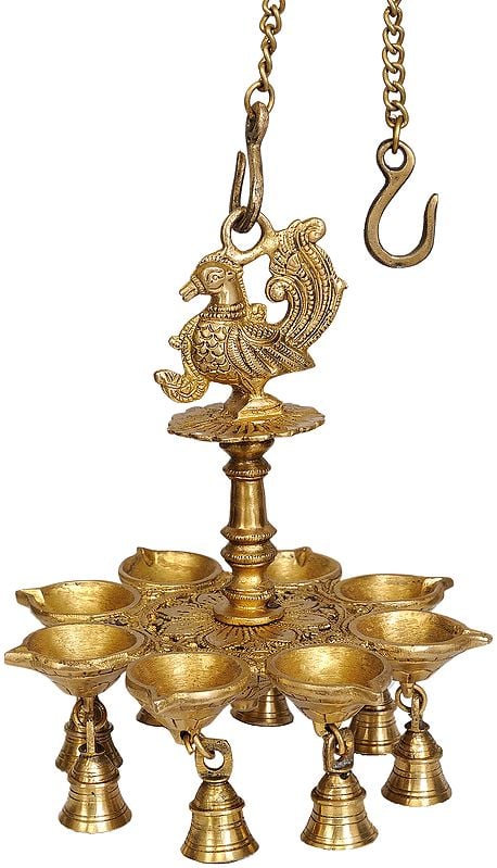 10" Eight-Wick Mayur Hanging Lamp with Bells in Brass | Handmade | Made in India