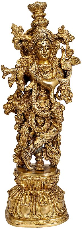 13" Sri Krishna Playing His Flute In Brass | Handmade | Made In India