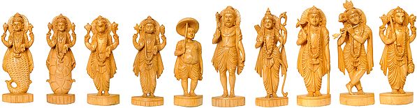 Dashavatara: Ten Incarnations of Lord Vishnu (From Left - Matshya, Kurma, Varaha, Narasimha, Vaman, Parashurama, Rama, Balarama, Krishna and Kalki)