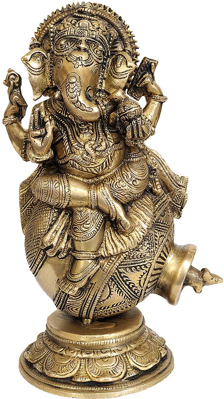 9" Ganesha with Mouse Peeking Out of Pot | Handmade Brass Statue | Made in India