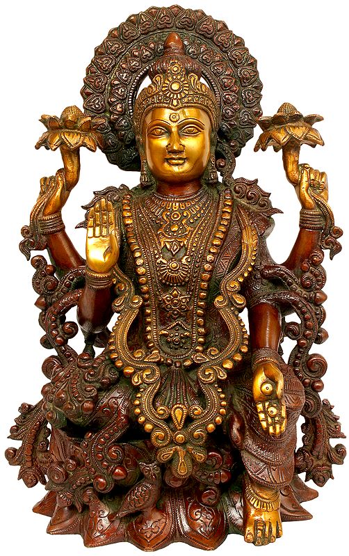 16" Goddess Lakshmi In Brass | Handmade | Made In India