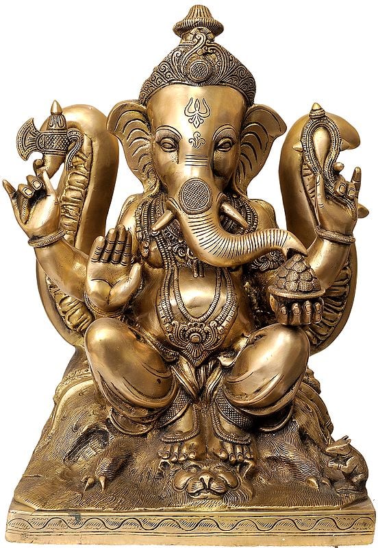 19" Large Size Lord Ganesha Seated Against the Backdrop of Trident In Brass | Handmade | Made In India