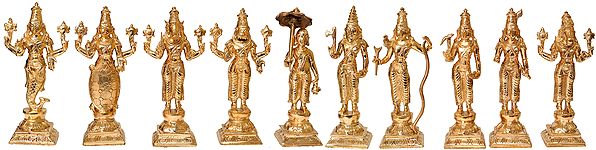 Dashavatara:Ten Incarnations of Lord Vishnu (From Left - Matshya, Kurma, Varaha, Narasimha, Vaman, Parashurama, Rama, Balarama, Krishna and Kalki)