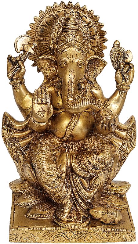 8" Lord Ganesha Seated in Lalitasana on Lotus In Brass | Handmade | Made In India