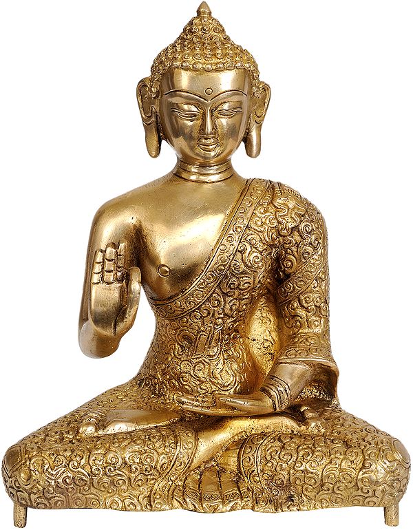 8" Lord Buddha in Vitarka Mudra (Robes Decorated with Scrolls) In Brass | Handmade | Made In India