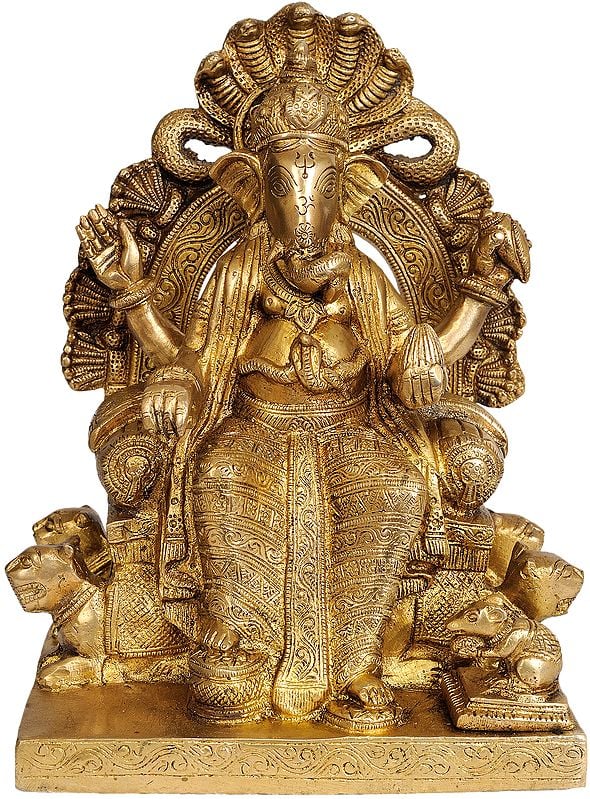 9" Lord Ganesha Seated on Throne Made by Lions and Serpents In Brass | Handmade | Made In India