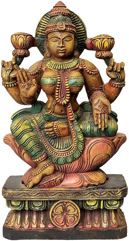 Goddess Lakshmi Wooden Statue - Craftsmanship of South Indian Temple Wood Carving