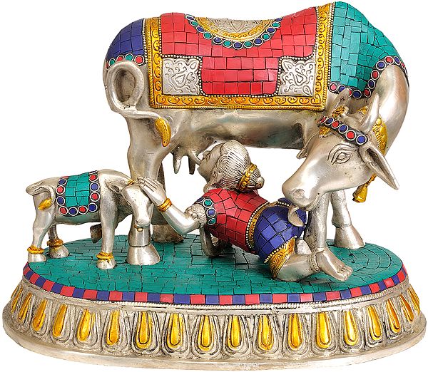 10" Baby Krishna Drinking Cow's Milk | Handmade Brass Statue | Made in India