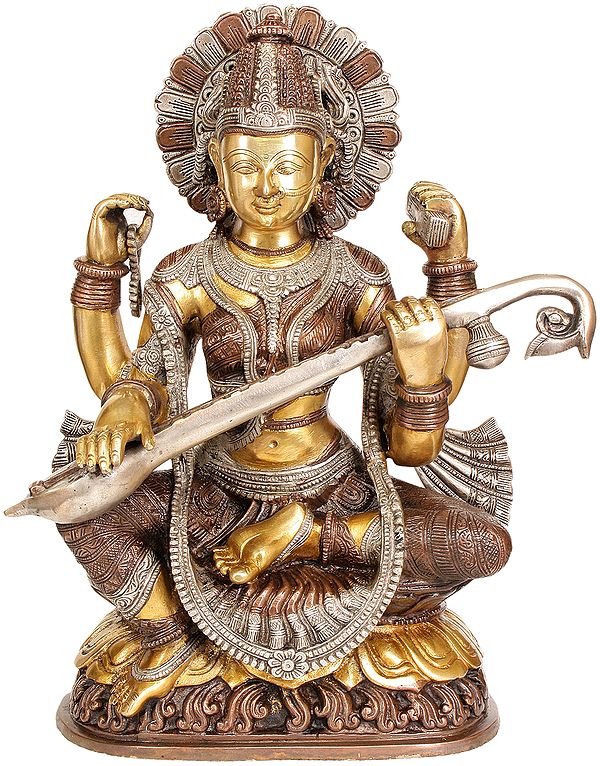 16" Goddess Saraswati In Brass | Handmade | Made In India