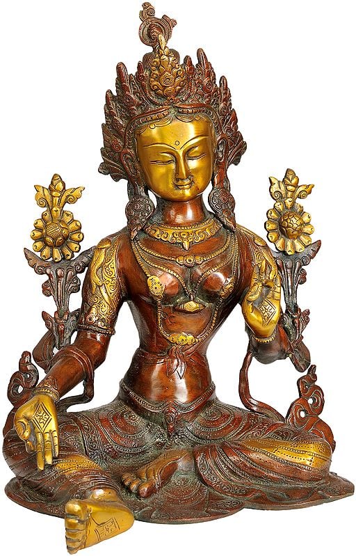 14" Tibetan Buddhist Deity Green Tara In Brass | Handmade | Made In India