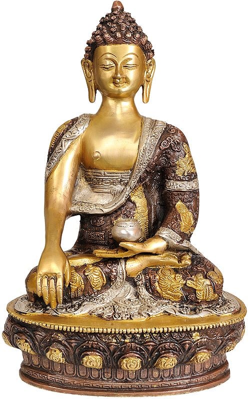 11" Lord Buddha in the Bhumisparsha Mudra (Robes Decorated with Scenes from the Life of Buddha) In Brass | Handmade | Made In India