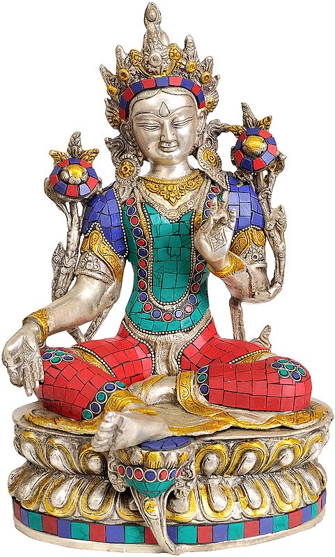 12" Green Tara (An Inlay Tibetan Buddhist Statue) In Brass | Handmade | Made In India