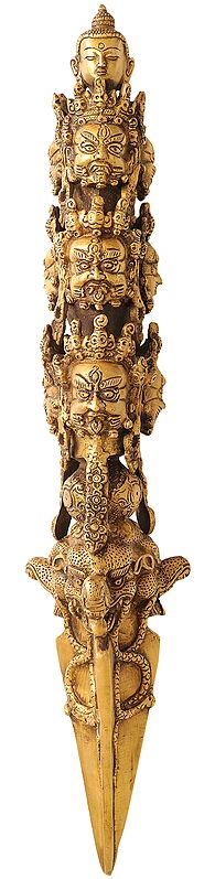 21" Tibetan Buddhist Mahakala Phurpa with the Buddha Head Atop In Brass | Handmade | Made In India