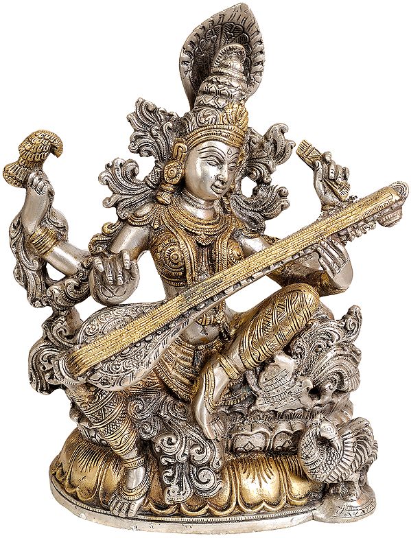 11" Goddess Saraswati | Handmade | Brass | Made In India
