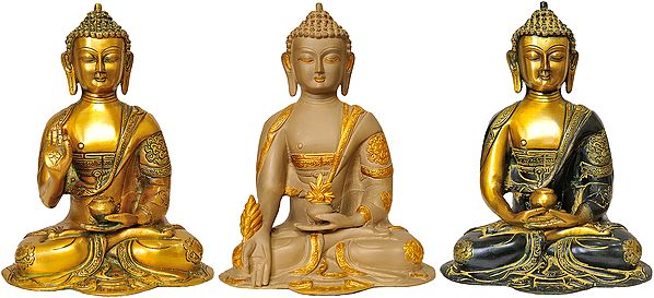 10" Tibetan Buddhist Deities Set of Three Buddhas In Brass | Handmade | Made In India