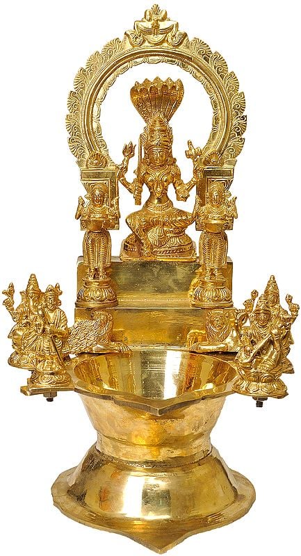 Large Wick Lamp with Goddess Mariamman, Pair of Deep Lakshmi, Lakshmi Ji, Saraswati Ji, Lord Ganesha Lord Karttikeya and Pair of Lions