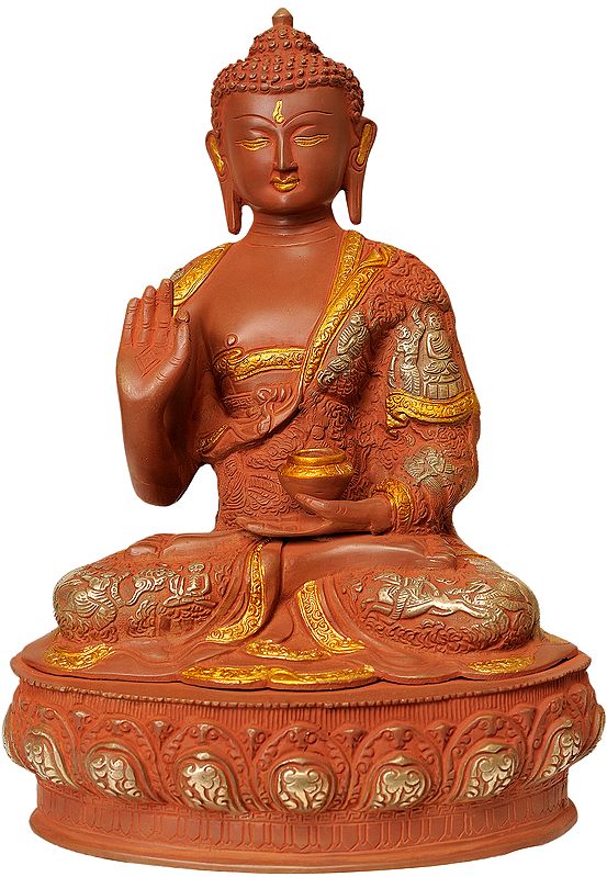 Tibetan Buddha in Terracotta Look (Robes Decorated with The Images of His Life)