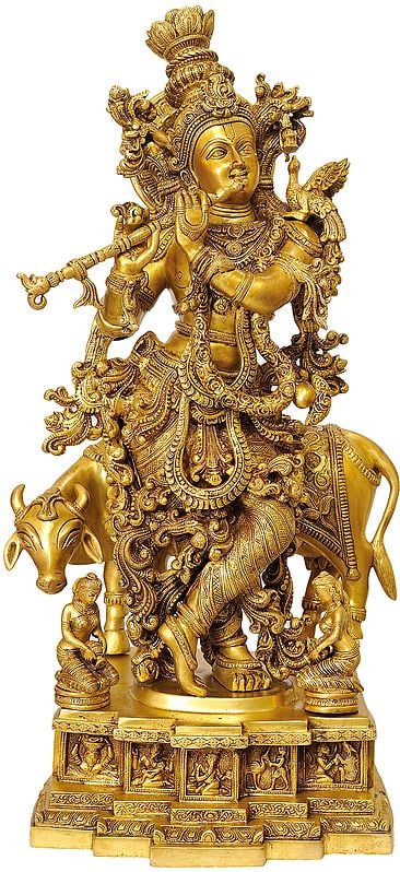 28" Venugopala (Pedestal Engraved with the Bal Leela of Krishna) In Brass | Handmade | Made In India