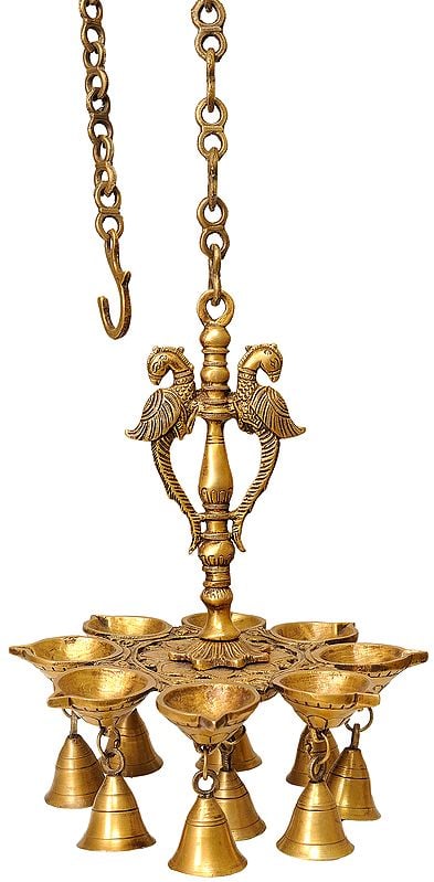 11" Auspicious Eight Wick Peacock Puja Lamp In Brass | Handmade | Made In India