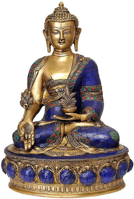 14" (Inlay Statue of Tibetan Buddhist Deity) Lapis Buddha of Healing In Brass | Handmade | Made In India
