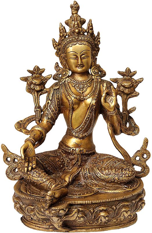 12" Tibetan Buddhist Goddes Green Tara In Brass | Handmade | Made In India